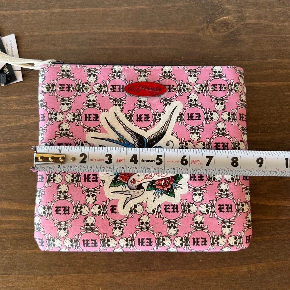 Ed Hardy Pink Skull Print Wristlet Pouch Swallow Rhinestone Y2K NWT Vegan Leathe